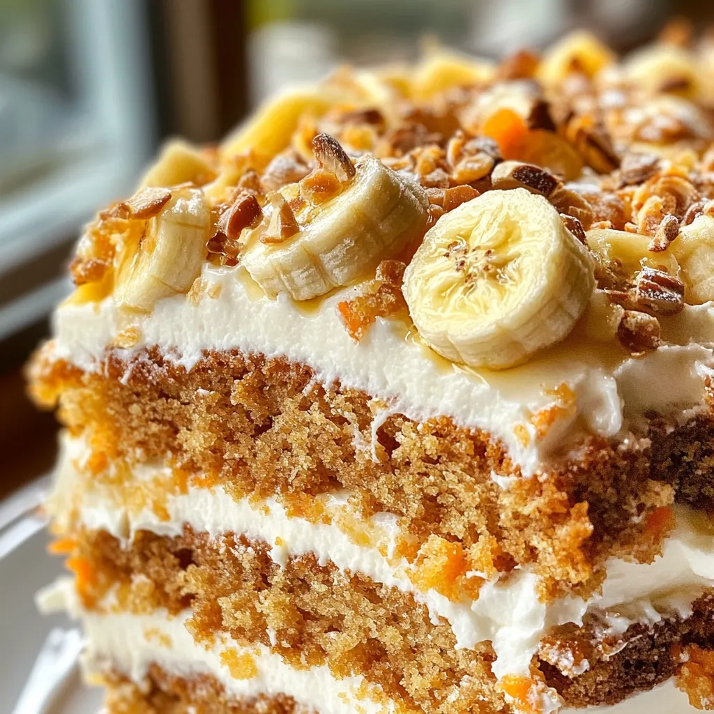 Here's a description of the image:

Close-up view of a slice of layered carrot cake.  The cake is rich and moist-looking, with visible layers of spiced carrot cake and creamy frosting.  The top is generously adorned with sliced bananas,  chopped nuts (possibly pecans or walnuts), and a light dusting of what appears to be powdered sugar.  The overall impression is one of delicious, homemade dessert. The background is blurred, drawing focus to the cake.