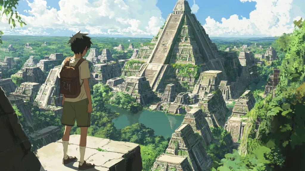 An anime-style illustration depicts a young boy with a backpack standing on a rocky outcrop, overlooking a sprawling, overgrown ancient city.  Numerous stepped pyramids and structures are nestled amongst lush green vegetation. A calm body of water reflects the sky and the city's architecture. The scene evokes a sense of mystery and exploration, suggesting a lost civilization reclaimed by nature. The style is vibrant and detailed, with a focus on the juxtaposition of the ancient ruins and the vibrant jungle.