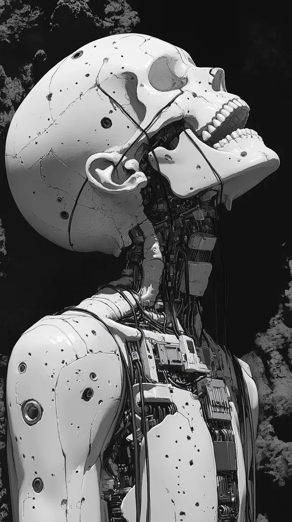A grayscale illustration depicts a stylized robotic figure, its head a skull-like structure with visible wiring and mechanical components.  The robot's body is similarly exposed, revealing internal circuitry and a weathered, metallic exterior.  Its head is tilted back, its mouth open in a silent scream, against a dark, textured background suggestive of a rocky landscape. The overall aesthetic blends elements of both human anatomy and machine, creating a striking image of post-apocalyptic or cyberpunk style.