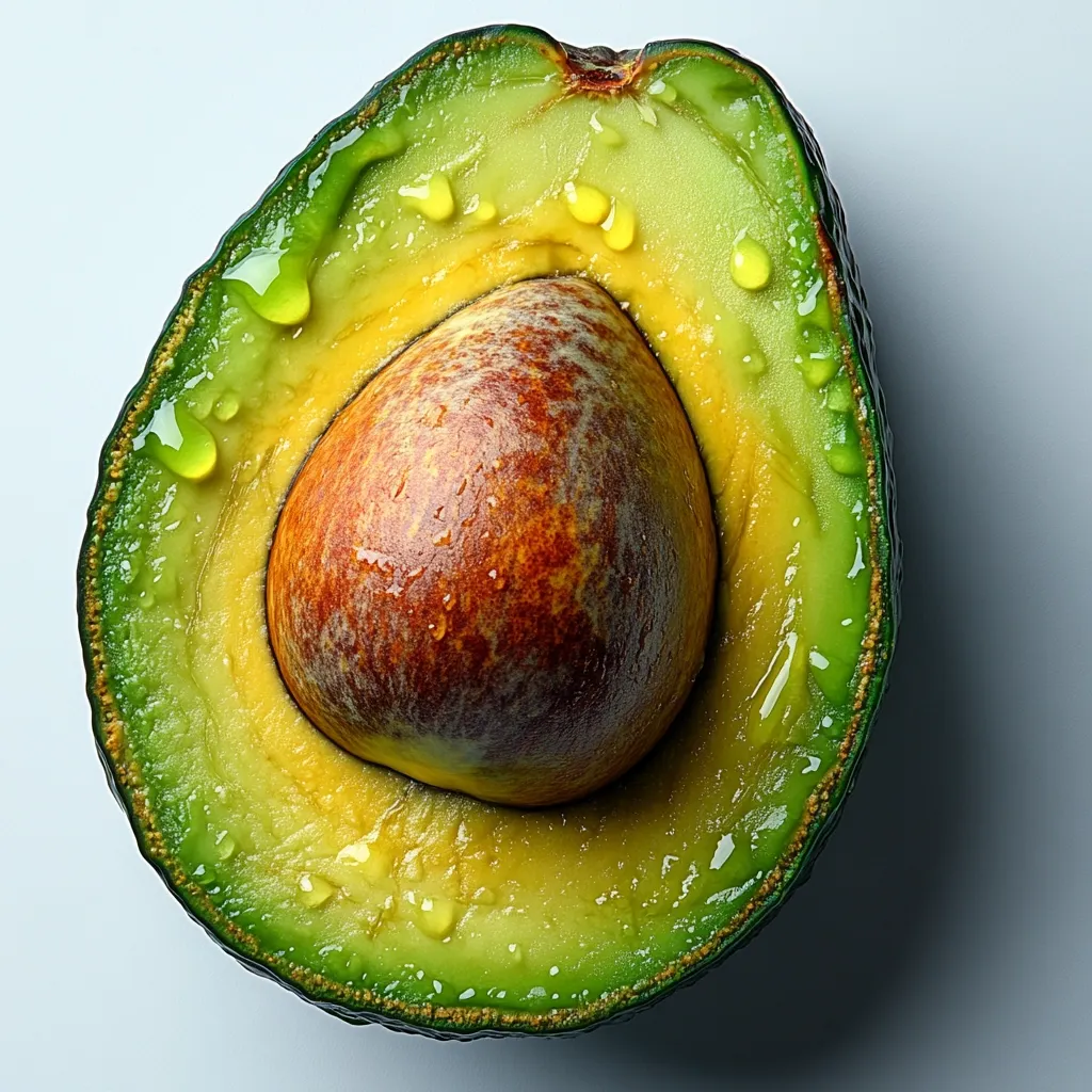 Here's a description of the image:

The image shows a close-up of a halved avocado, its vibrant green skin contrasting with the creamy yellow-green flesh.  Droplets of avocado oil cling to the surface, glistening in the light. The large, dark brown pit is centrally positioned, its textured surface visible.  The overall presentation is clean and bright, highlighting the fresh and ripe quality of the avocado.  The background is a simple, light gray, drawing focus entirely to the fruit.