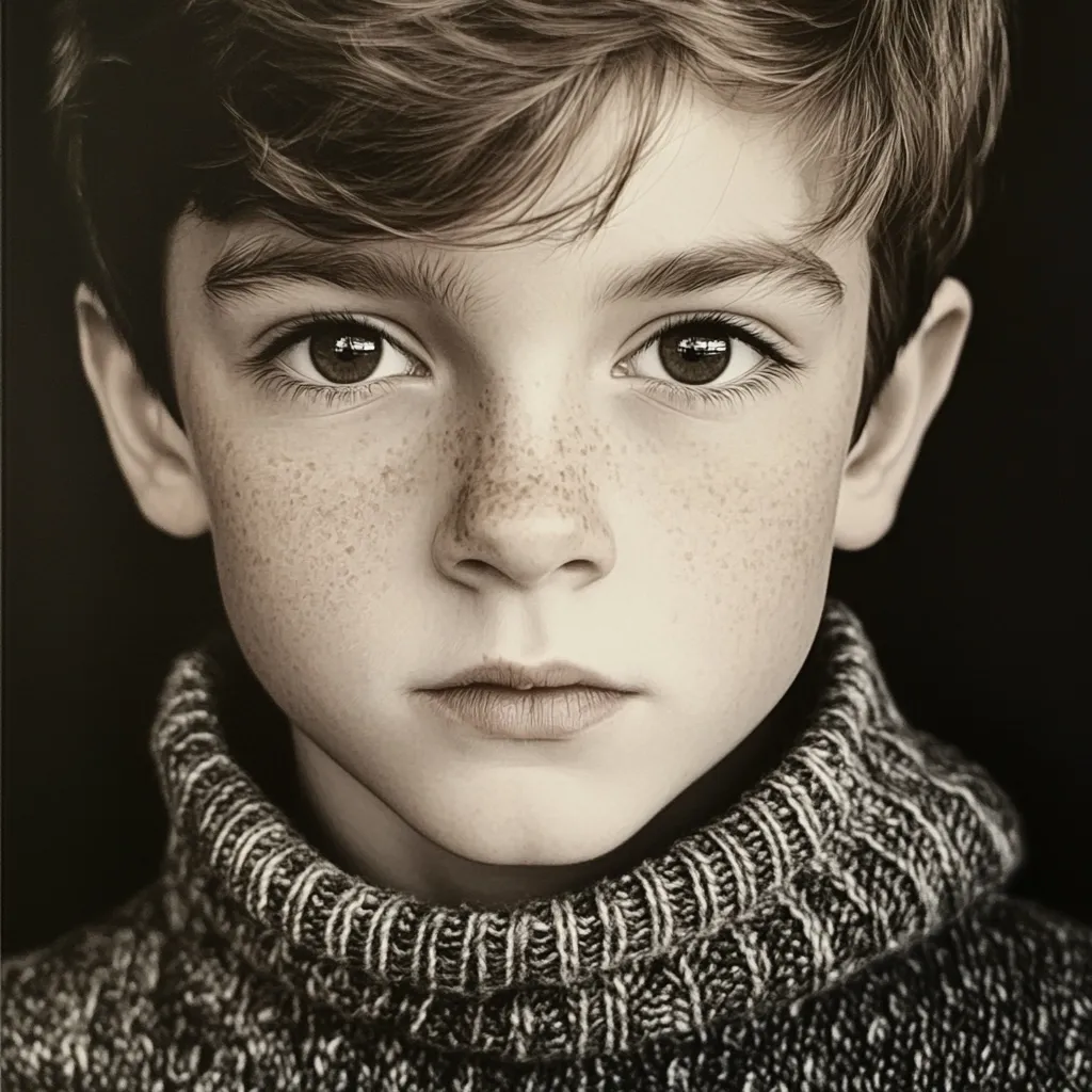 Here's a description of the image:

The sepia-toned close-up portrait showcases a young boy with light brown, slightly tousled hair. His face is speckled with freckles, and his large, expressive brown eyes hold a serious, almost pensive gaze. He's wearing a textured, dark gray turtleneck sweater, which adds a touch of warmth to the image. The boy's expression is one of quiet contemplation, creating an overall mood of introspection and maturity beyond his years. The focus is sharp, highlighting the details of his skin and hair. The dark background provides a stark contrast, drawing the viewer's attention to the subject's face.