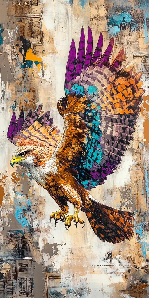 The painting depicts a hawk in flight against an abstract background. The hawk's wings are spread wide, showcasing vibrant, stylized plumage in hues of orange, purple, teal, and brown.  The background is a textured mix of beige, gray, blue, and hints of gold, appearing layered and possibly incorporating elements of urban decay or aged architecture. The overall style is a blend of realism in the bird's depiction and abstract expressionism in the background's treatment.  The contrast between the detailed bird and the textured background creates a striking visual impact.