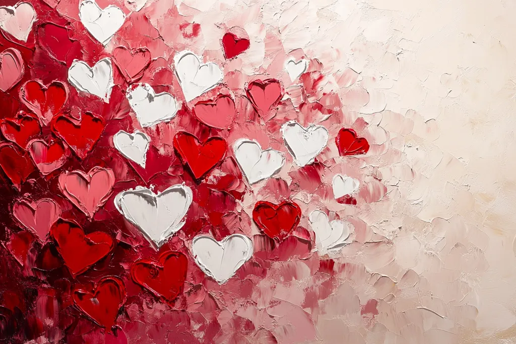 Here's a description of the image:

The artwork is an impasto painting dominated by a profusion of hearts in varying shades of red and white. The hearts are thickly painted, creating a textured surface.  The color palette transitions from deep reds on the left, gradually fading to lighter pinks and off-whites on the right, leaving a significant portion of the canvas a blank, creamy beige. The hearts are clustered densely on the left, becoming more scattered towards the right, creating a sense of movement and a dynamic, expressive composition. The overall style is romantic and visually striking, possibly themed for Valentine's Day or a similar celebration of love.