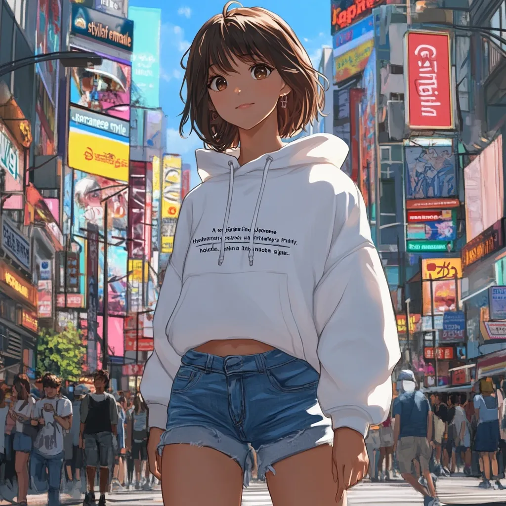 Here's a description of the image:

The illustration showcases an anime-style girl with shoulder-length brown hair, wearing a white hoodie featuring indistinct text and denim shorts.  She stands confidently on a bustling city street, the background filled with vibrant, colorful Japanese-style storefronts and advertising signs.  The scene is bright and sunny, with a lively atmosphere suggesting a busy urban setting. The girl is the clear focal point, standing out against the vibrant yet somewhat blurred background. The overall style is a mix of realism and anime, creating a captivating image.