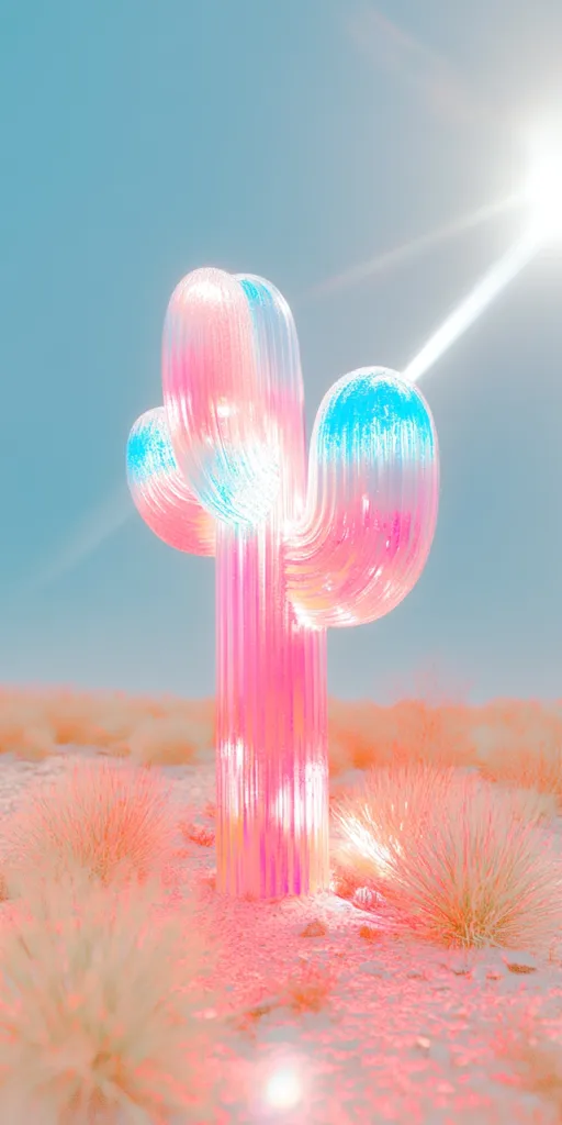 Here's a description of the image:

The image is a stylized rendering of a cactus in a desert landscape. The cactus is depicted in translucent pink and light blue, giving it an ethereal, almost unreal quality.  Its form is smooth and curved, unlike a natural cactus.  The desert is rendered in soft, pastel shades of peach and pink.  The background sky is a pale blue, and sun rays are visible, adding to the dreamy, surreal atmosphere. The overall effect is one of vibrant, otherworldly beauty.