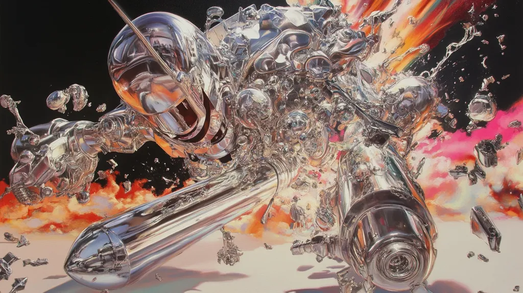 The artwork depicts a chrome robot, seemingly metallic liquid, in a violent, explosive moment.  The robot's form is fragmented, parts scattering amidst fiery orange and pink hues.  A large, chrome cylinder, possibly a weapon or propulsion system, extends from the robot, adding to the sense of dynamic destruction. The overall style is surreal and highly detailed, with a focus on reflective surfaces and the interplay of light and shadow.  The scene suggests a moment of intense action and disintegration.