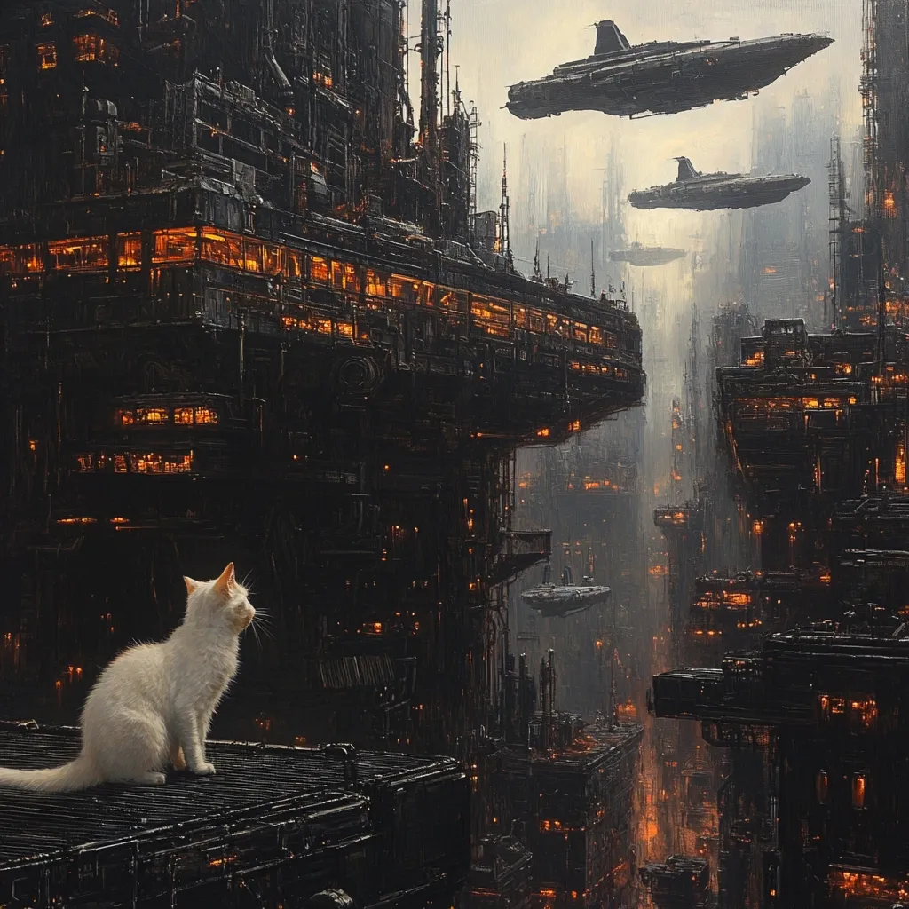 A white cat sits atop a dark, metallic structure, gazing out at a sprawling, futuristic cityscape.  The city is a dense network of interconnected buildings, glowing with warm internal lights, that stretch into a misty, overcast sky.  Several large, dark spaceships fly overhead, adding to the scene's otherworldly atmosphere.  The contrast between the soft cat and the harsh, industrial setting is striking. The overall mood is one of quiet contemplation within a vast, technologically advanced environment.