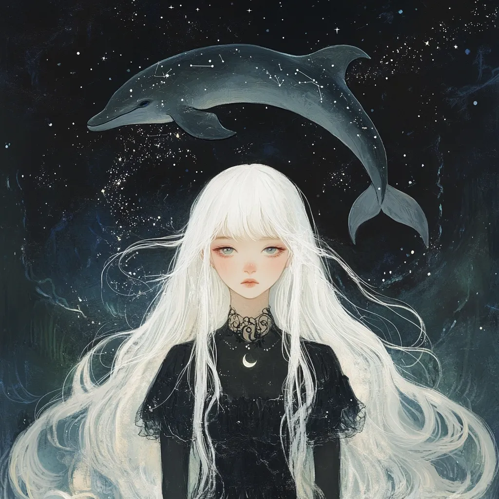 Here's a description of the image:

The artwork depicts a young woman with long, flowing white hair, dressed in a black, lacy dress.  Her expression is serene, almost melancholic.  Above her, a dark dolphin, its body speckled with constellations, swims across a night sky filled with stars and swirling nebulae. The overall style is dreamy and ethereal, with soft brushstrokes and a muted color palette dominated by blues, blacks, and whites, suggesting a mystical or fantastical setting.  The image evokes a sense of quiet mystery and wonder.