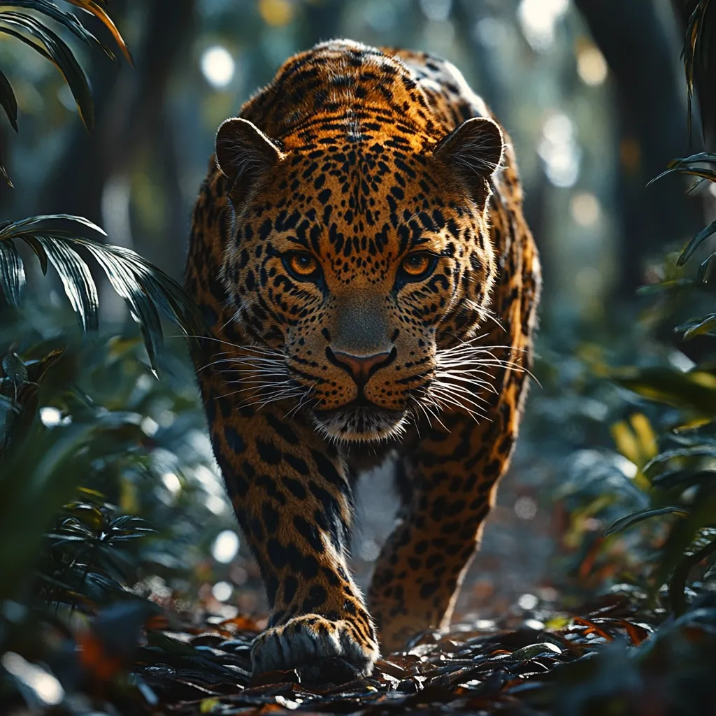 Here's a description of the image:

A majestic jaguar, its coat a rich tapestry of black rosettes against a tawny background, strides directly towards the viewer. Its eyes, sharp and intense, hold a captivating gaze. The jaguar's muscular legs suggest power and agility. The background is a blurred but lush jungle environment, dark and mysterious, providing a dramatic contrast to the jaguar's vibrant markings. The overall atmosphere is one of wild beauty and untamed power, evoking a sense of awe and respect for this magnificent creature.