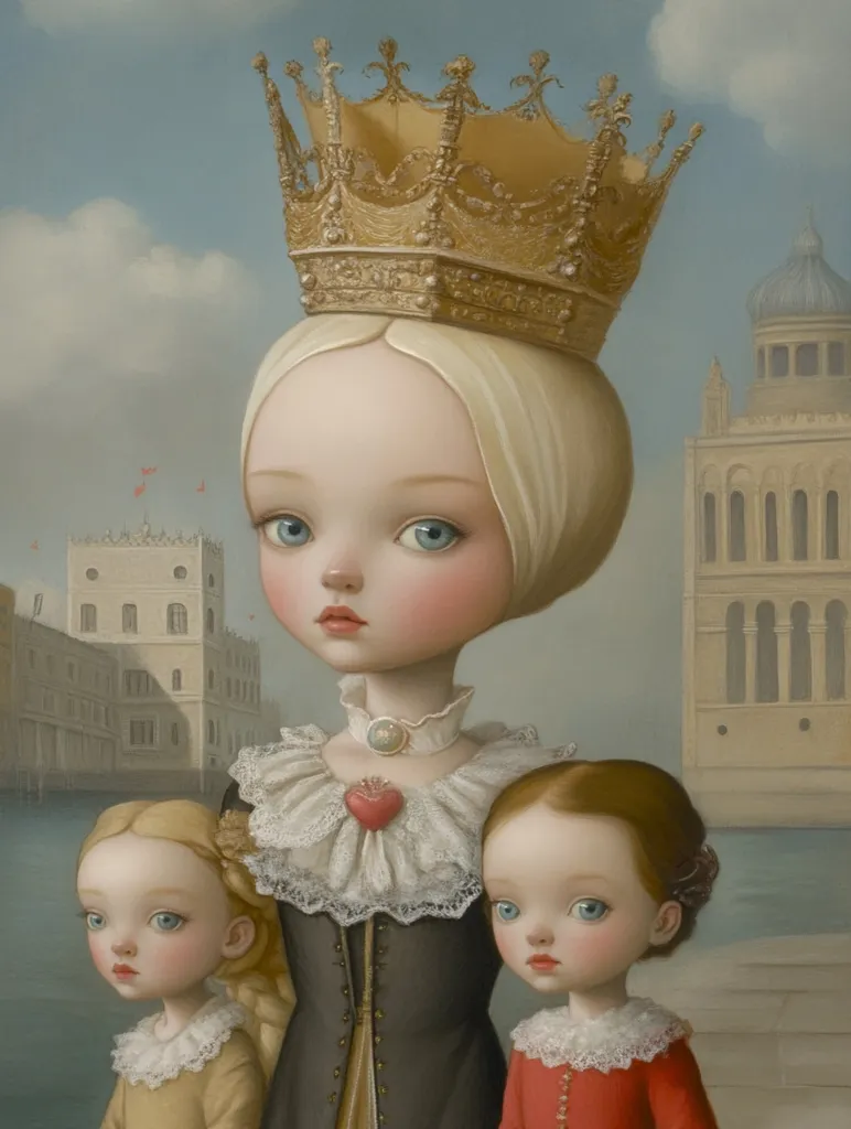 A young queen, adorned with a golden crown and elegant lace collar, stands with two younger girls.  Her porcelain-like skin and large eyes, characteristic of a whimsical style, are striking. The girls flanking her are similarly styled, dressed in period-appropriate clothing. The backdrop suggests a Venetian-inspired setting, with a canal and architectural details visible. The overall aesthetic is one of fairytale-like innocence and regal charm.