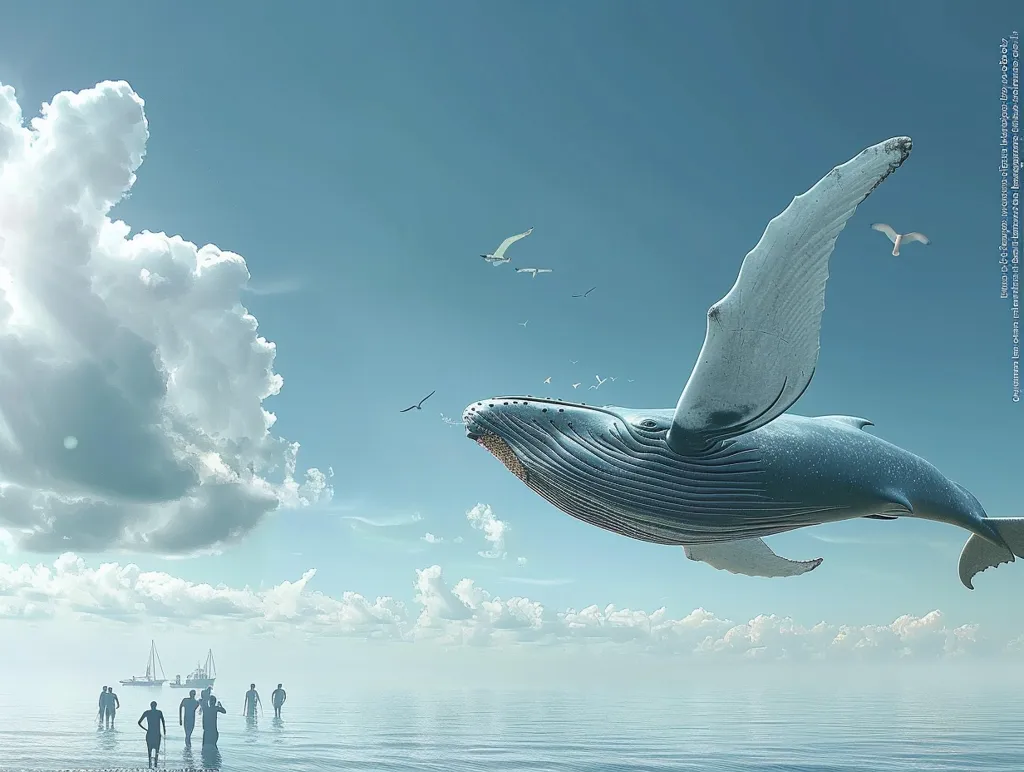 Here's a description of the image:

A surreal scene depicts a massive whale soaring through a pale blue sky, its immense form silhouetted against fluffy white clouds.  Several small birds fly near the whale. Below, a tranquil ocean stretches to a hazy horizon where a few small boats and distant figures on a beach are visible. The overall mood is peaceful and dreamlike, with a sense of wonder and the unexpected. The color palette is soft and muted, emphasizing the ethereal quality of the image.