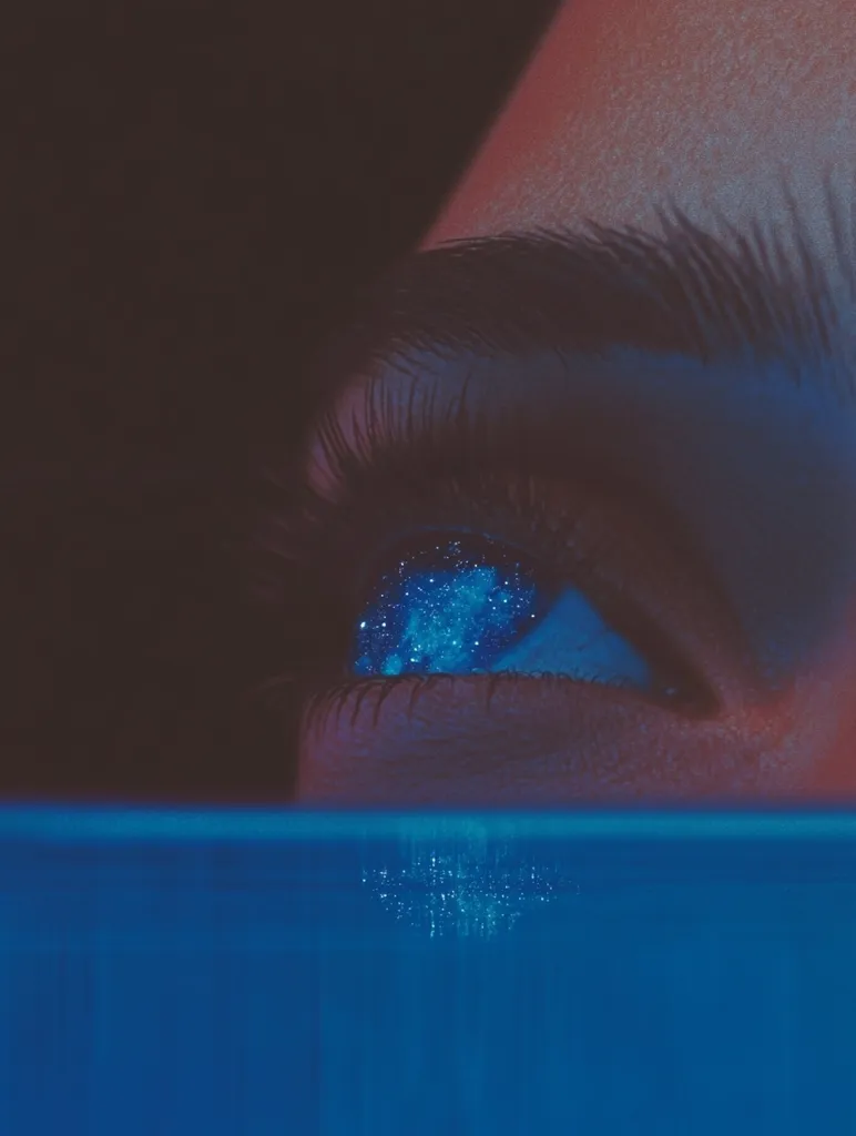 Close-up of a person's eye, seemingly gazing upwards. The iris is depicted with a swirling nebula of blue and white, resembling a miniature galaxy.  The eye is partially submerged in a dark blue liquid, creating a surreal, otherworldly effect. The overall mood is mysterious and dreamlike, with a focus on the captivating detail of the eye and the contrast between the eye and the water.