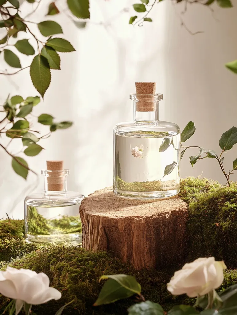 Two clear glass bottles with cork stoppers, filled with a light-colored liquid, rest on a rustic wooden slice nestled in a bed of moss.  Delicate white roses and lush green foliage surround the bottles, creating a serene, natural setting. Sunlight filters through the leaves, casting a soft glow on the scene. The overall aesthetic is calm, minimalist, and evokes a spa-like atmosphere.