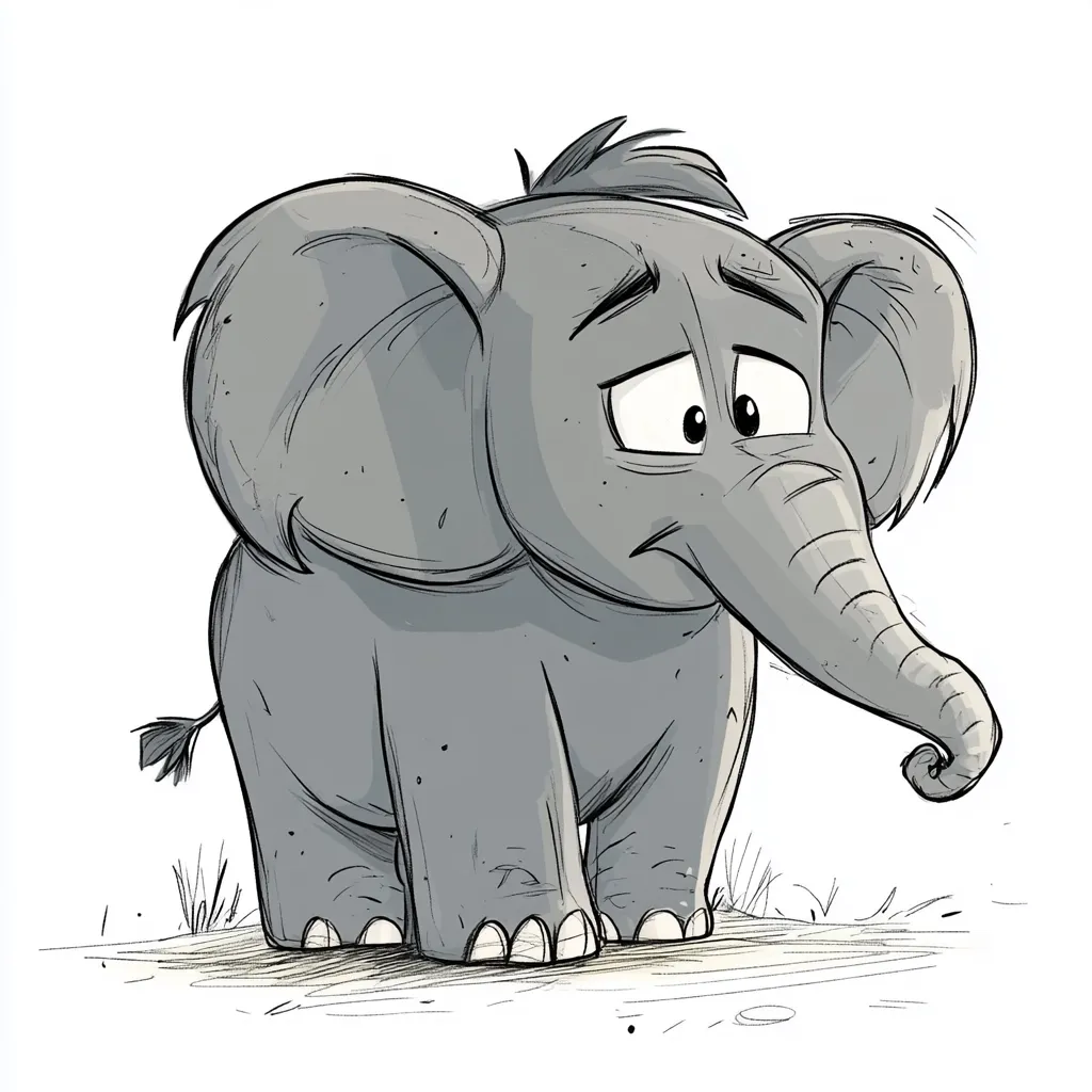 Here's a description of the image:

The illustration depicts a cartoon baby elephant standing on the ground, appearing sad and forlorn. Its large ears droop slightly, and its eyes are downcast, conveying a sense of dejection.  The elephant is gray, with a slightly textured appearance suggesting skin and hair. Its trunk curves gently downward, adding to the overall melancholic mood. The style is hand-drawn, with visible sketching lines and shading, giving it a slightly rough, whimsical feel. The background is simple, with a few sparse tufts of grass, focusing attention on the elephant's emotional expression.