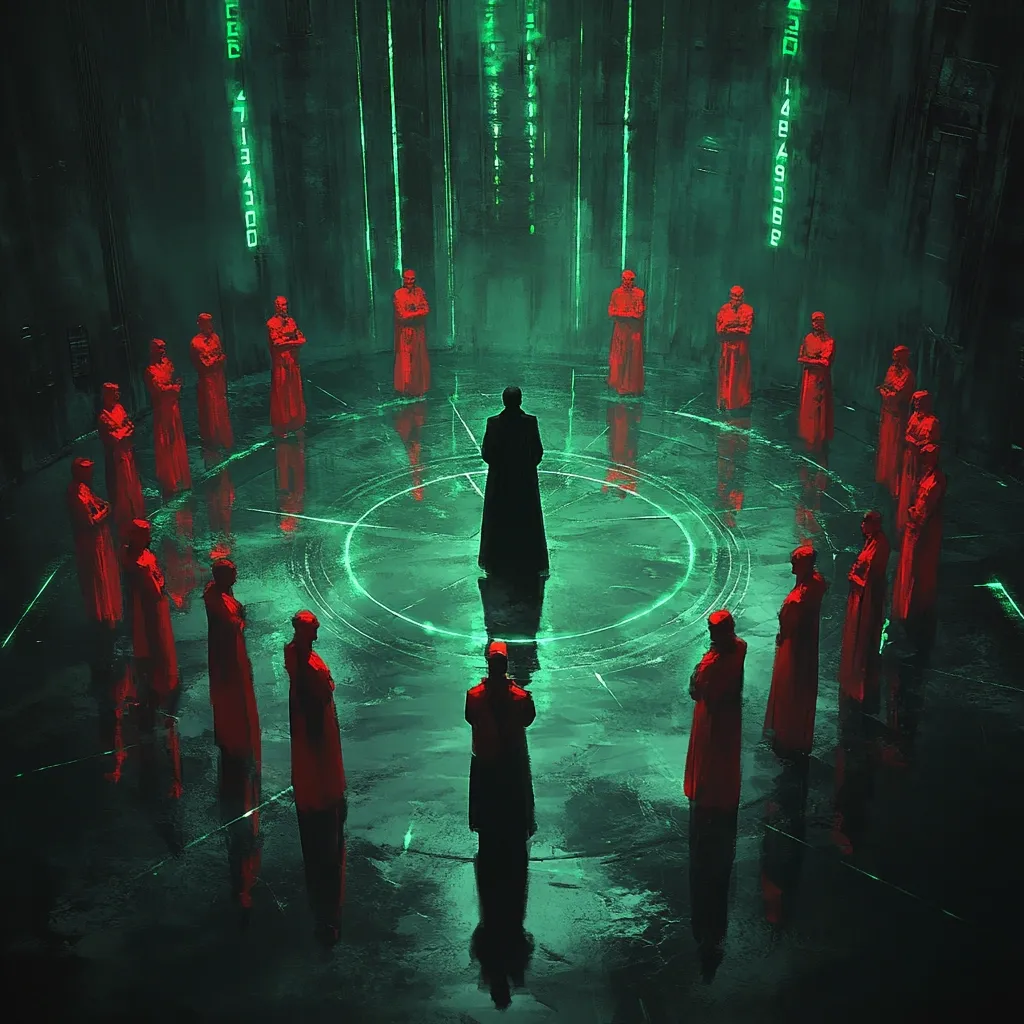 A lone figure in a dark cloak stands at the center of a circular chamber, surrounded by individuals cloaked in red.  The futuristic setting is illuminated by glowing green lines, resembling digital code on the walls. The reflective floor enhances the symmetry of the scene.  The atmosphere is mysterious and potentially ominous, suggesting a clandestine meeting or ritual. The color contrast between the red and green creates a visually striking image.