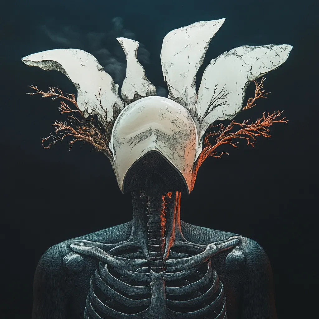 Here's a description of the image:

The artwork depicts a surreal, skeletal figure against a dark background. Its head is encased in a pale, helmet-like structure, from which sprout several stylized, bone-white, wing-like forms and gnarled, reddish-brown branches.  The figure's exposed ribcage and spine are intricately detailed, suggesting a blend of organic and inorganic elements. The overall aesthetic is dark, slightly unsettling, and evocative of mortality and transformation. The style is digital, with a strong emphasis on linework and texture. The color palette is muted, with the figure's skin exhibiting a dark grayish tone and the helmet standing in sharp contrast.