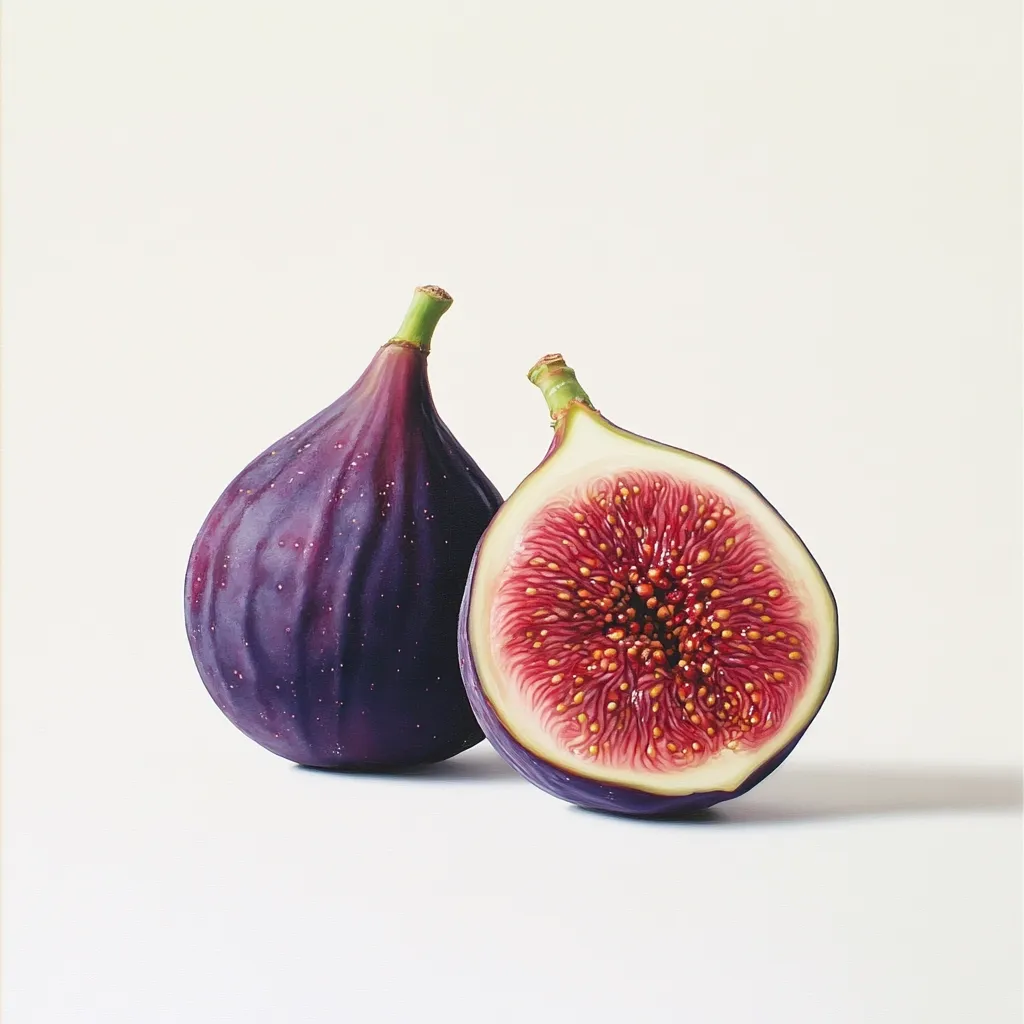 Here's a description of the image:

Two figs are artfully arranged against a stark white background. One fig is whole, exhibiting a deep purple-blue skin with subtle textural variations.  Beside it, a second fig is halved, revealing its vibrant crimson interior speckled with tiny, golden seeds. The contrast between the exterior and interior colors is striking.  The lighting is soft and even, highlighting the figs' smooth surfaces and rich colors. The overall aesthetic is clean, minimalist, and emphasizes the natural beauty of the fruit.