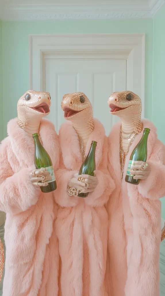 Three snakes, anthropomorphized with human-like expressions, are dressed in identical pink fur coats.  They each hold a bottle of champagne. They are posed in a row against a pale green wall with a white door in the background. The image has a surreal and humorous quality, with a pastel color palette enhancing the whimsical feel.  The snakes appear stylish and sophisticated in their unexpected attire.