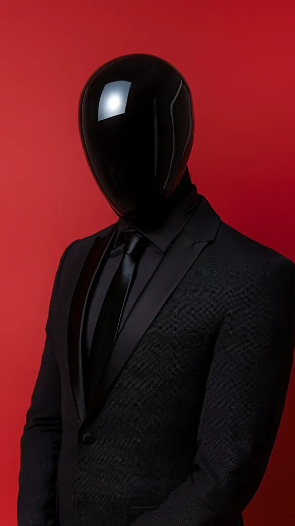 A figure in a black suit and black, shiny helmet-like head covering stands against a vibrant red backdrop. The suit is sharply tailored, with a crisp, black tie adding to the formal yet mysterious aesthetic.  The smooth, reflective surface of the headpiece obscures the figure's identity, creating an air of anonymity and intrigue. The stark contrast between the black attire and red background enhances the dramatic effect of the image.
