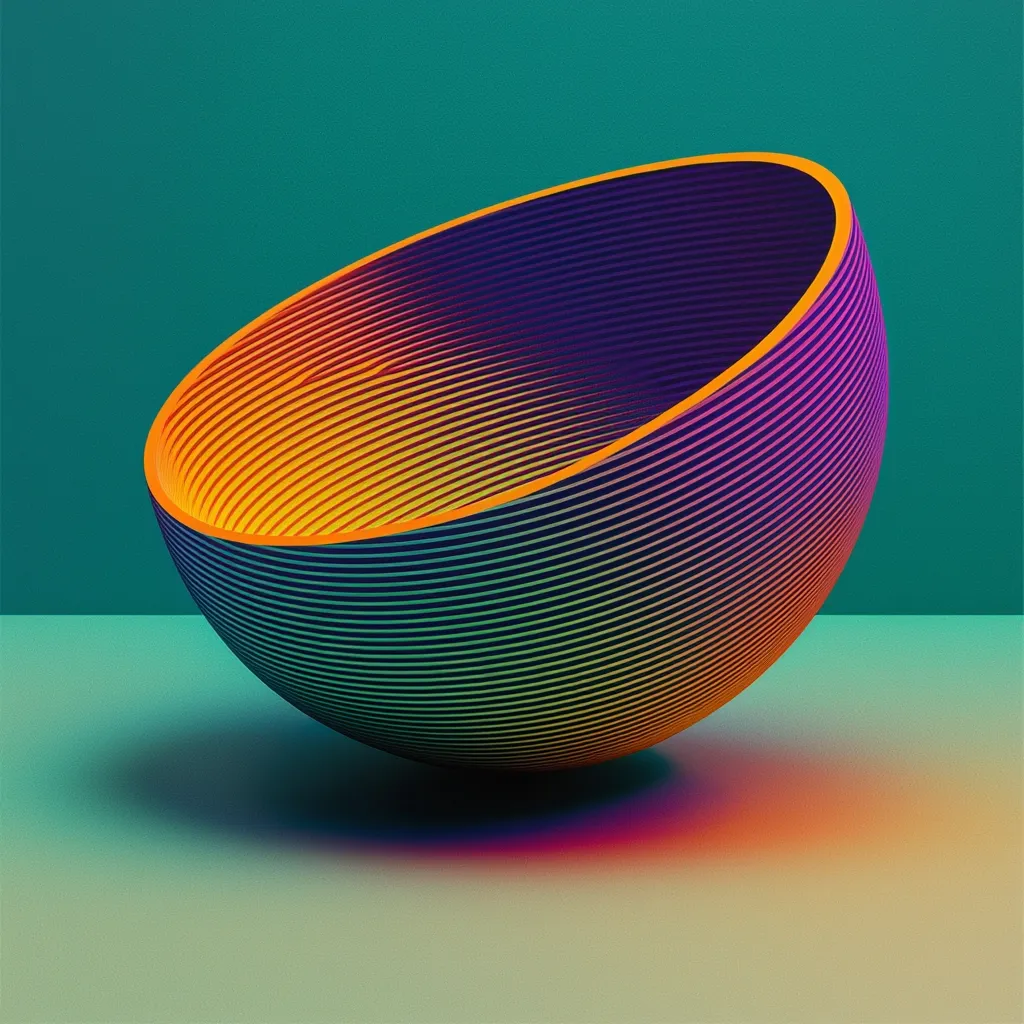 A vibrant, three-dimensional illustration showcases a half-sphere bowl.  Its interior is a gradient of warm oranges and yellows, transitioning to cooler purples and blues along its exterior.  The bowl appears constructed of numerous thin, parallel, concentric rings, creating a striated effect. It rests on a teal-toned surface, casting a soft shadow that subtly reflects the bowl's color gradient. The overall aesthetic is modern and abstract.