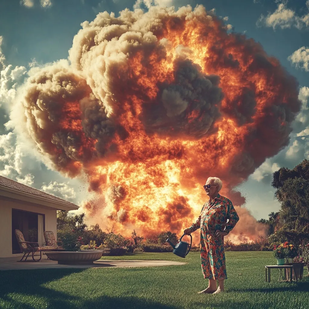 An elderly woman in a floral jumpsuit calmly waters her plants in her backyard.  Behind her, a massive, fiery explosion dominates the sky, creating a dramatic juxtaposition of serene domesticity and catastrophic destruction.  The contrast highlights the woman's apparent nonchalance in the face of overwhelming chaos.  Her sunglasses and posture suggest a calm acceptance or even indifference to the apocalyptic scene unfolding behind her.