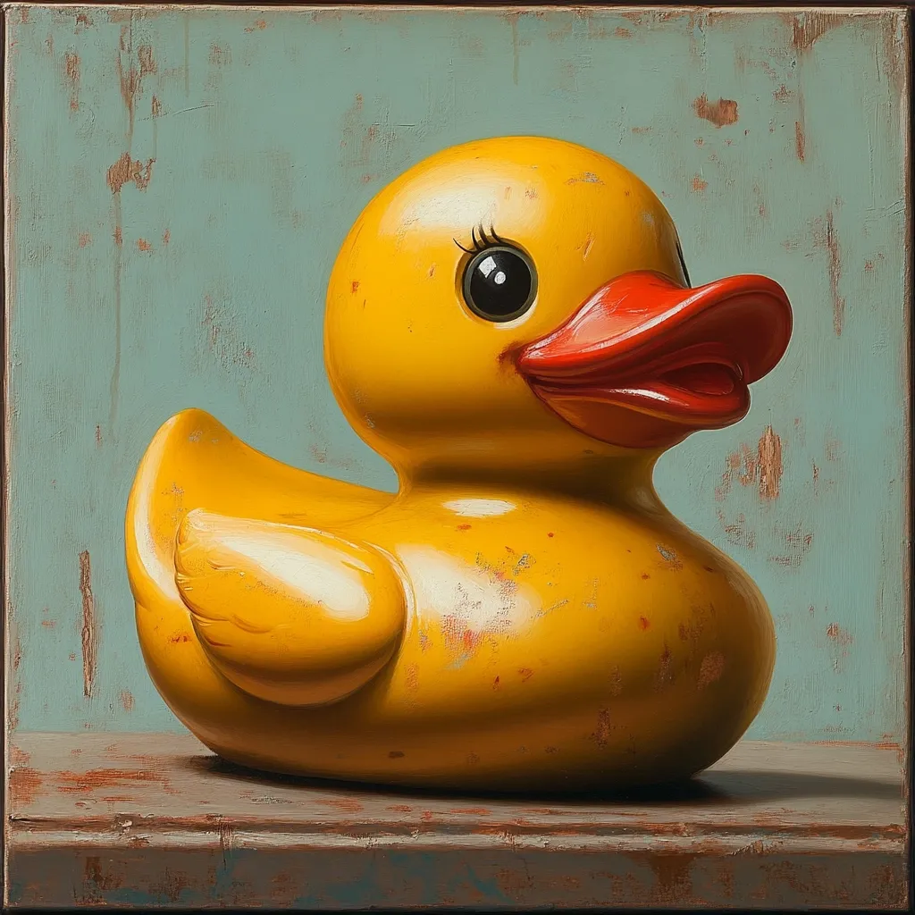 A hyperrealistic painting depicts a worn, yellow rubber ducky.  The duck sits on a rustic wooden surface against a teal-colored background with distressed texture.  The duck's glossy surface shows signs of age and discoloration, adding to its character. The details, including the expressive eyes and slightly open beak, are meticulously rendered, giving the object an almost lifelike quality. The overall style is still life, with a focus on texture and light.
