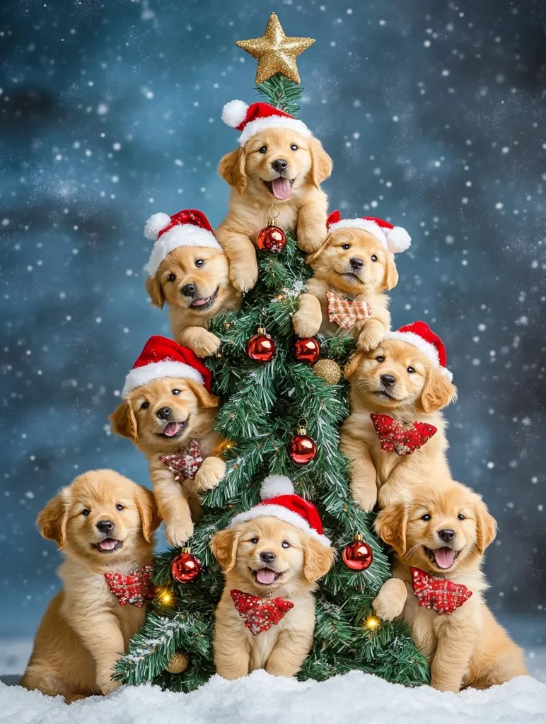 Seven adorable Golden Retriever puppies, each wearing a Santa hat and a red bow tie, are playfully arranged around a decorated Christmas tree.  The tree's star sits atop the central puppy, while the others surround it at different levels, creating a festive pyramid of furry charm.  Snow dusts the ground, enhancing the winter wonderland feel of this heartwarming holiday scene.
