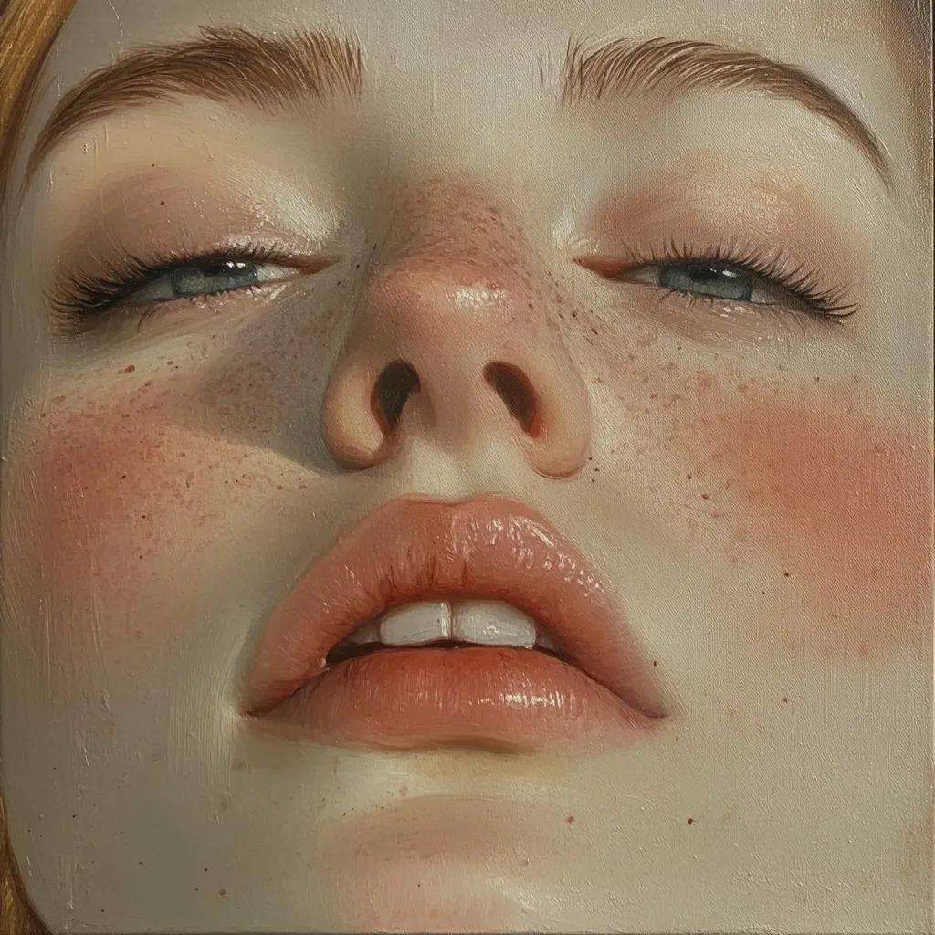Here's a description of the image:

The painting is a close-up portrait of a woman's face, focusing on her eyes, nose, and mouth.  Her skin is light, with delicate freckles scattered across her cheeks and nose.  Her eyes are partially closed, giving a serene or dreamy expression. The lips are full and slightly parted, revealing a hint of teeth.  The artist uses a realistic style with visible brushstrokes, creating a soft yet detailed texture, especially noticeable in the skin's subtle shading and the glossy appearance of the lips.  The overall color palette is muted and warm, emphasizing peach and beige tones.
