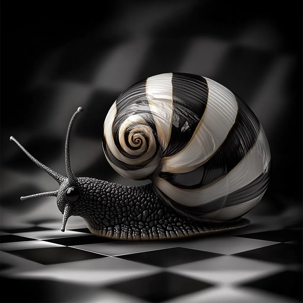Here's a description of the image:

A striking image showcases a snail with a uniquely patterned shell. Its shell is a mesmerizing spiral of alternating black and white stripes, creating a visually captivating contrast. The snail's body is a deep black, textured, and glossy. It's positioned on a black and white checkered surface, possibly a chessboard, adding a sense of deliberate placement. The background is a dark, blurred gradient, drawing attention to the snail as the focal point. The overall aesthetic is dark, dramatic, and artistic, lending itself to interpretations of patience, slow progress, or a surreal juxtaposition of elegance and ordinariness.