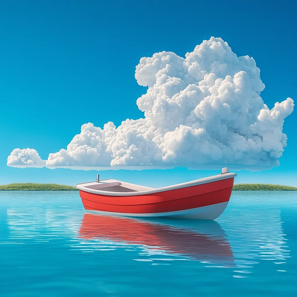 A vibrant red and white rowboat rests serenely on a calm, turquoise body of water.  A large, fluffy cumulus cloud, seemingly floating just above the water's surface, hovers above the boat.  A small strip of verdant land is visible in the background under a clear blue sky. The scene is idyllic and surreal, the cloud adding an element of fantasy to the tranquil waterscape.  The boat's reflection is perfectly mirrored in the still water.