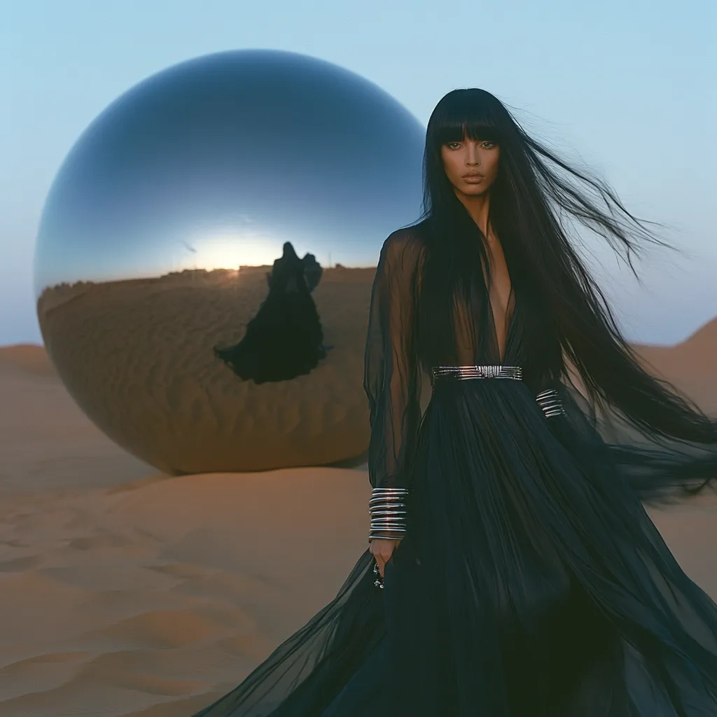 A woman with long, dark hair stands in a desert landscape, wearing a flowing black dress and silver bangles.  She is positioned before a large, reflective sphere, which mirrors the desert and sky. The setting sun casts a warm glow, contrasting with the cool tones of the sphere and the woman's attire.  The image conveys a sense of mystery and elegance against a stark, yet beautiful, backdrop.