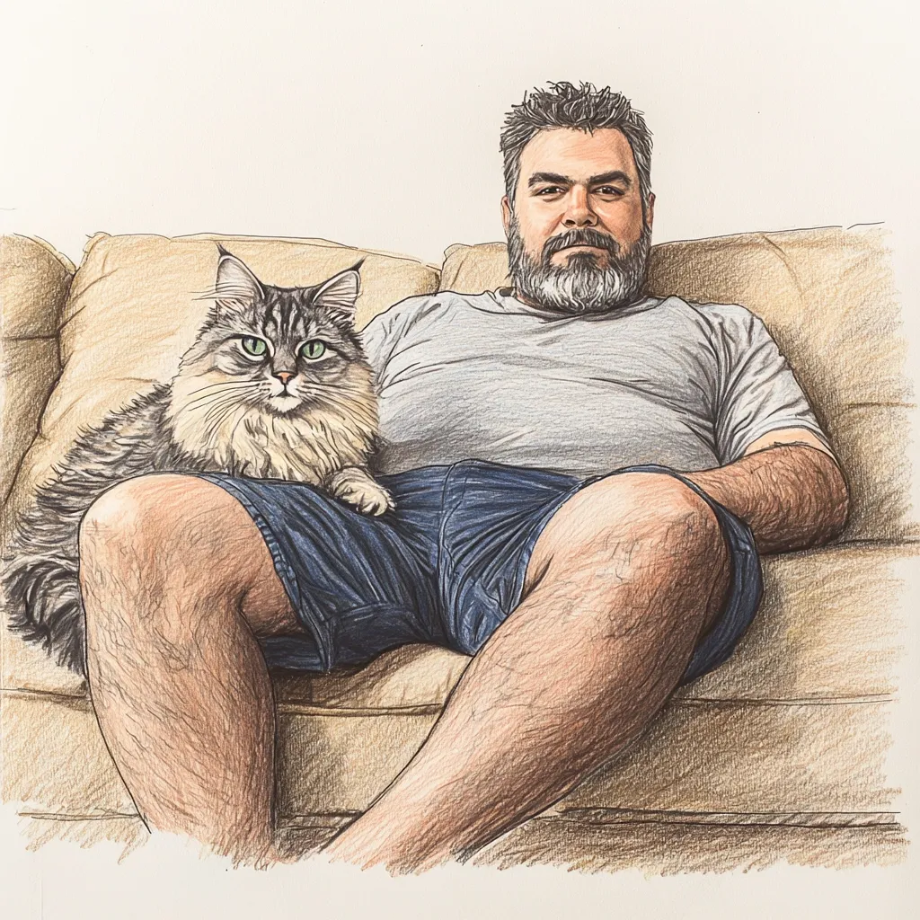 Here's a description of the image:

A detailed colored pencil drawing depicts a man and his cat relaxing on a beige couch. The man, with dark hair and a beard, wears a light gray t-shirt and dark blue shorts. His hairy legs are prominently displayed.  A long-haired gray and brown tabby cat sits on his lap, gazing calmly at the viewer. The artist meticulously renders the textures of the man's hair, beard, and skin, as well as the cat's fur and the couch's fabric. The overall style is realistic and highly detailed. The composition is simple yet effective, creating a warm and intimate portrait of a man and his pet.