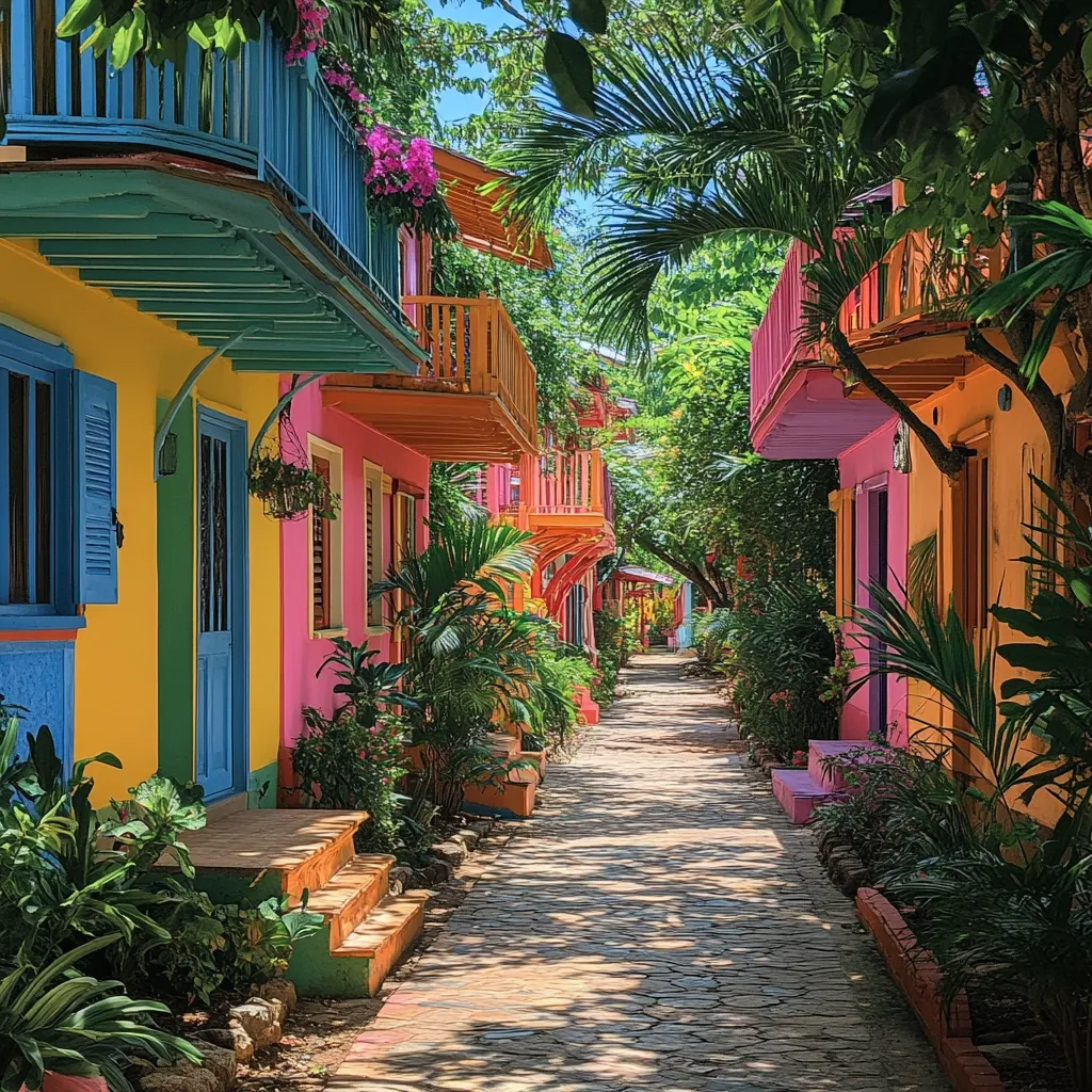 A vibrant, sun-drenched alleyway lined with brightly colored houses.  The buildings, painted in shades of yellow, pink, and orange, boast charming balconies adorned with lush greenery.  Tropical foliage thrives along the stone pathway, creating a shaded walkway that leads the eye down the length of the picturesque street.  The overall effect is one of cheerful tropical beauty.