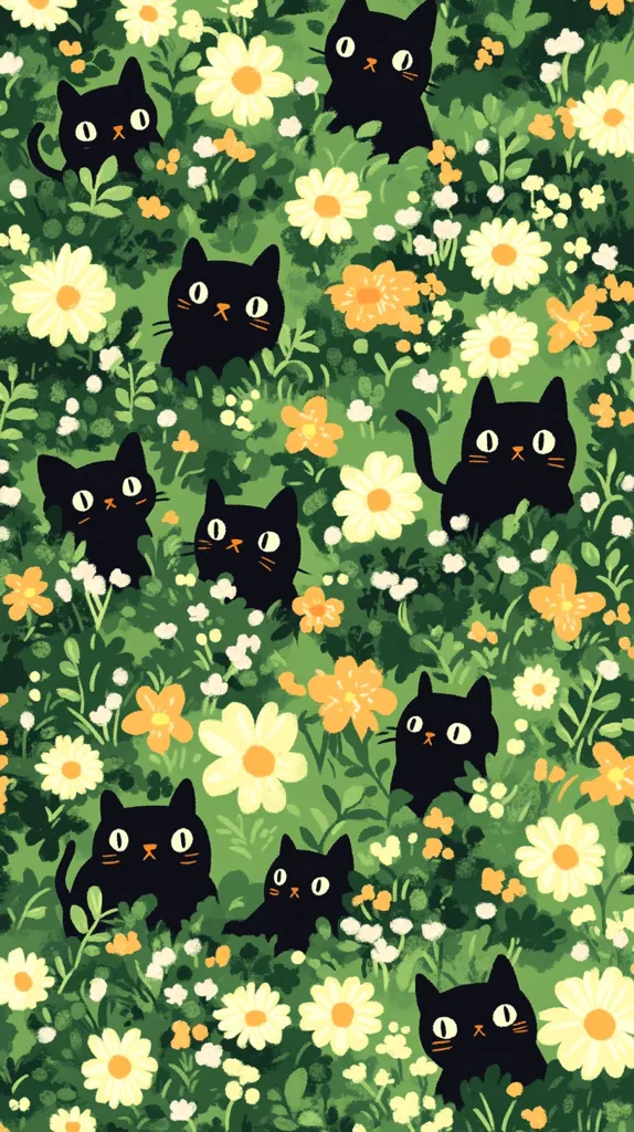 Here's a description of the image:

The illustration showcases numerous black cats nestled amongst a vibrant field of daisies and other wildflowers.  The cats are stylized with simple, rounded features, and their dark fur contrasts beautifully with the bright, cheerful blooms. The background is a lush green, suggesting a spring or summer setting. The overall aesthetic is whimsical and charming, evoking a sense of peace and contentment. The repetitive pattern creates a visually pleasing, almost wallpaper-like effect.