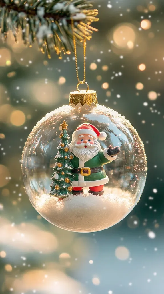 A clear glass Christmas ornament hangs from a snow-dusted pine branch. Inside, a miniature Santa Claus stands beside a small, frosted Christmas tree on a bed of artificial snow. The ornament's gold cap and chain are visible.  The background is softly blurred, showcasing a bokeh effect of warm lights and falling snow, creating a festive, magical atmosphere.