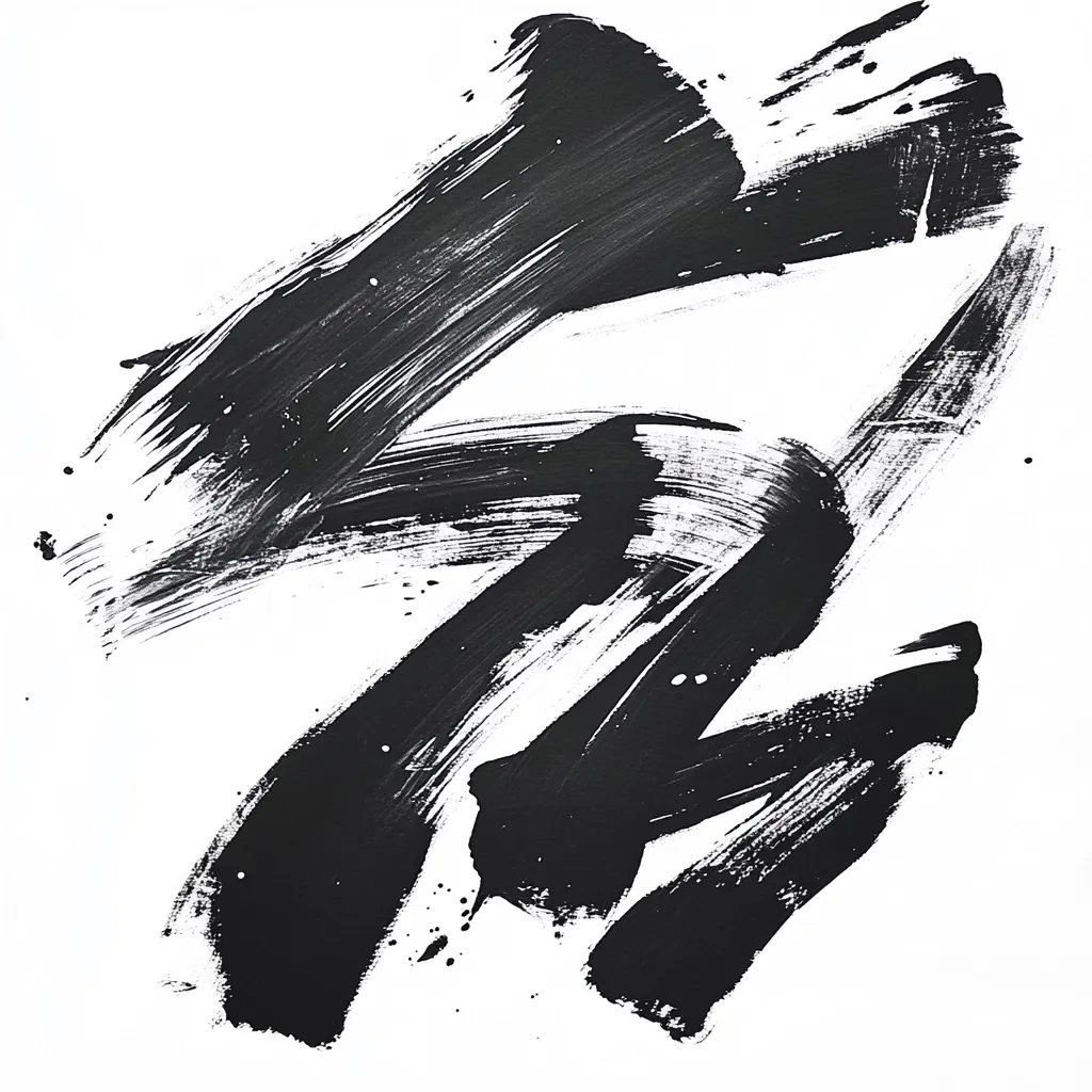 The image is an abstract black and white painting.  Bold, expressive black brushstrokes dominate the white background, creating a dynamic and energetic composition.  The strokes are layered and overlapping, exhibiting a sense of movement and fluidity.  The texture is rough and visible, suggesting the immediacy of the painting process.  Small spatters of paint punctuate the larger strokes, adding to the overall sense of spontaneity and dynamism. The artwork evokes a feeling of freedom and raw emotion.