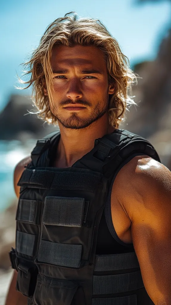 Here's a description of the image:

Close-up view of a tan, muscular man with long, blond hair. He has a serious expression and is wearing a black tactical vest with multiple compartments. The background is blurred, suggesting an outdoor setting possibly near a body of water, with bright sunlight illuminating him. The overall impression is one of strength and possibly action or adventure. His hair is slightly windblown. The image is sharply focused on the man’s face and upper body.