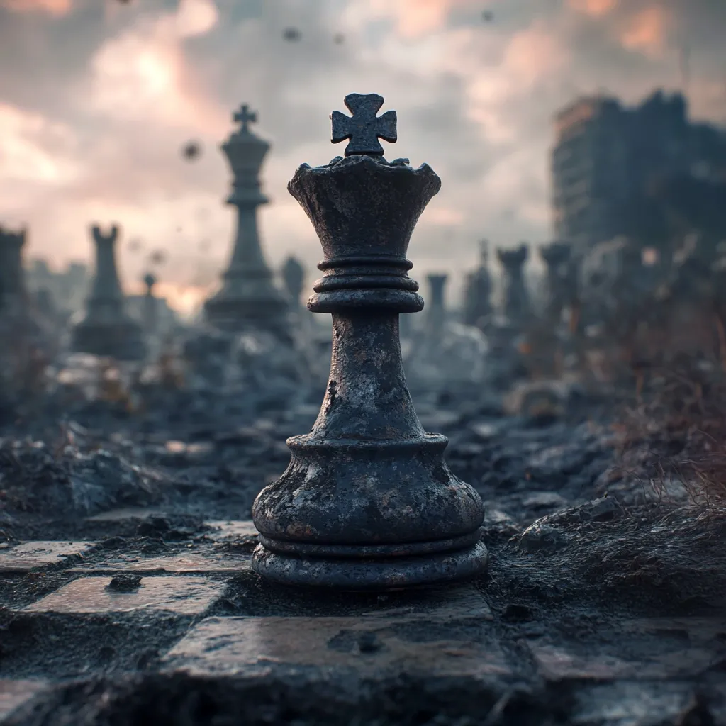 A weathered black chess king stands on a desolate, rubble-strewn chessboard.  The background depicts a ruined cityscape under a somber sky, with other fallen chess pieces scattered amidst the debris.  The scene suggests a post-apocalyptic setting, the lone king a symbol of resilience or perhaps the final victor in a devastating conflict.  The image evokes themes of destruction, loss, and solitary survival.