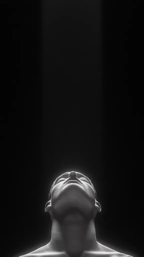 A black and white, low-key image shows a man's head and shoulders tilted upward, gazing towards a bright, unseen light source.  The stark contrast highlights the texture of his skin and the strong lines of his face and neck. The background is entirely black, drawing focus solely to the figure bathed in a narrow beam of light, creating a dramatic and contemplative mood. The image evokes feelings of serenity, introspection, or even spiritual ascension.