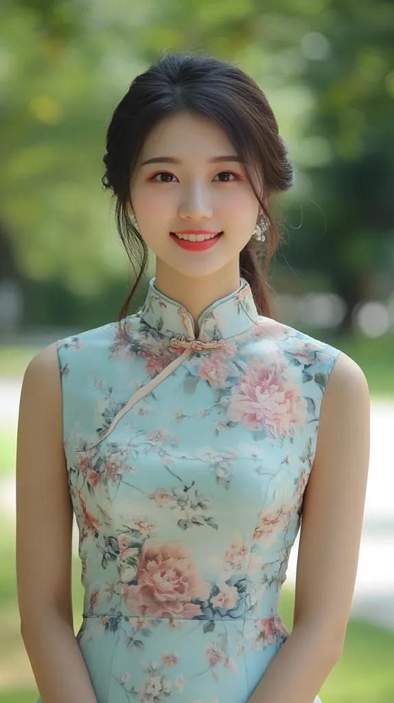 Here's a description of the image:

Close-up view of a young woman with dark hair styled in an updo. She's wearing a light blue sleeveless cheongsam dress adorned with a pastel floral print. The dress features a high mandarin collar and traditional fastening. Her expression is pleasant, and she appears to be posing for a portrait. The background is softly blurred, suggesting an outdoor setting with green foliage.  The overall impression is one of gentle beauty and elegance.