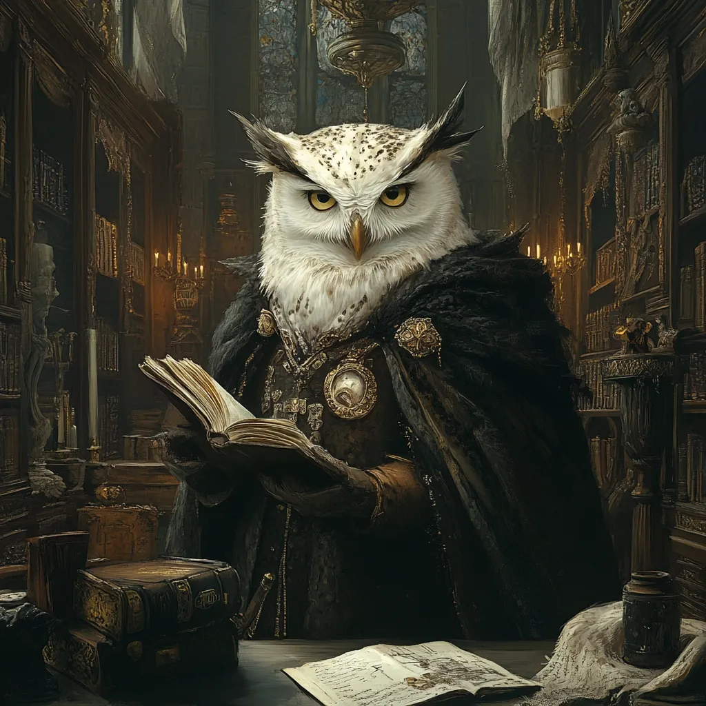 Here's a description of the image:

The artwork depicts a majestic snowy owl, anthropomorphized as a scholarly figure.  Dressed in a dark, ornate robe and cloak, it holds an open book, suggesting wisdom and learning.  The owl sits in a dimly lit, gothic-style library filled with bookshelves and candles, creating an atmosphere of old-world mystery.  The detailed rendering of the owl's feathers and the library's architecture contributes to a fantastical, almost magical, feel.  A sense of quiet contemplation permeates the scene.