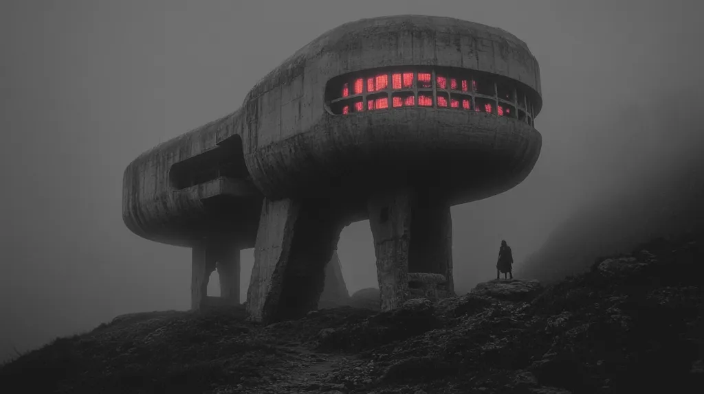 A monolithic concrete structure, resembling a colossal, weathered mushroom, dominates a desolate landscape shrouded in fog.  Its upper level glows with an eerie, red inner light, contrasting sharply with the grayscale exterior.  A solitary figure stands small and distant in the foreground, emphasizing the structure's immense scale. The overall atmosphere is bleak, mysterious, and slightly ominous.  The scene evokes feelings of isolation and the passage of time.