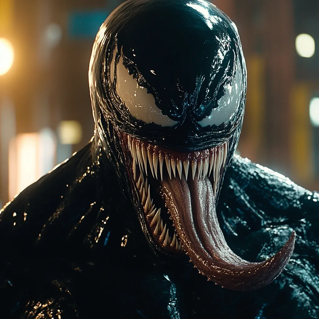 Here's a description of the image:

The image is a close-up shot of Venom, the Marvel anti-hero. His black, symbiote-like suit glistens, highlighting its texture. His mouth is open, revealing sharp, pointed teeth and a long, dark, glistening tongue.  The eyes are white with dark pupils, adding to his menacing expression. The background is blurred, suggesting a city at night, but the focus remains entirely on Venom's intense visage. The overall mood is dark and dramatic.