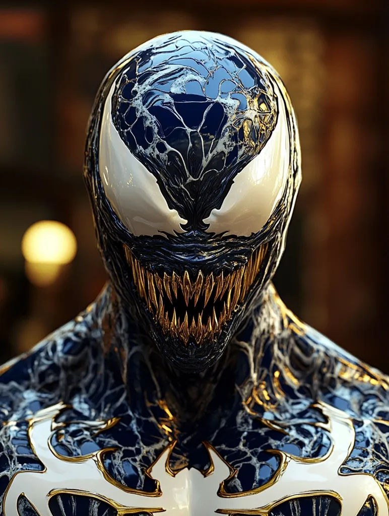 Close-up view of a stylized Venom figure. Its head is predominantly dark blue with a web-like pattern, accented by stark white and gold details. The symbiote's characteristic sharp teeth are gold, adding to its menacing appearance. The texture is highly detailed, giving a sense of a smooth, yet slightly rough, surface. The background is blurred, focusing attention solely on the figure. The overall impression is one of powerful, dark elegance with a hint of menace.
