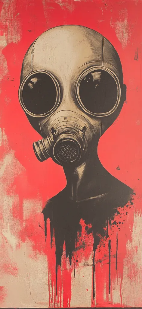 The artwork depicts a stylized figure, possibly an alien or robot, with an oversized gas mask dominating its face. The mask is a muted gold and black against a vibrant red background. The red background has a textured, almost distressed appearance, contrasting with the smoother rendering of the figure and mask. Black paint drips down the figure's body, adding to the piece's gritty, possibly dystopian or post-apocalyptic feel. The overall style is a blend of graphic design and expressionist painting.