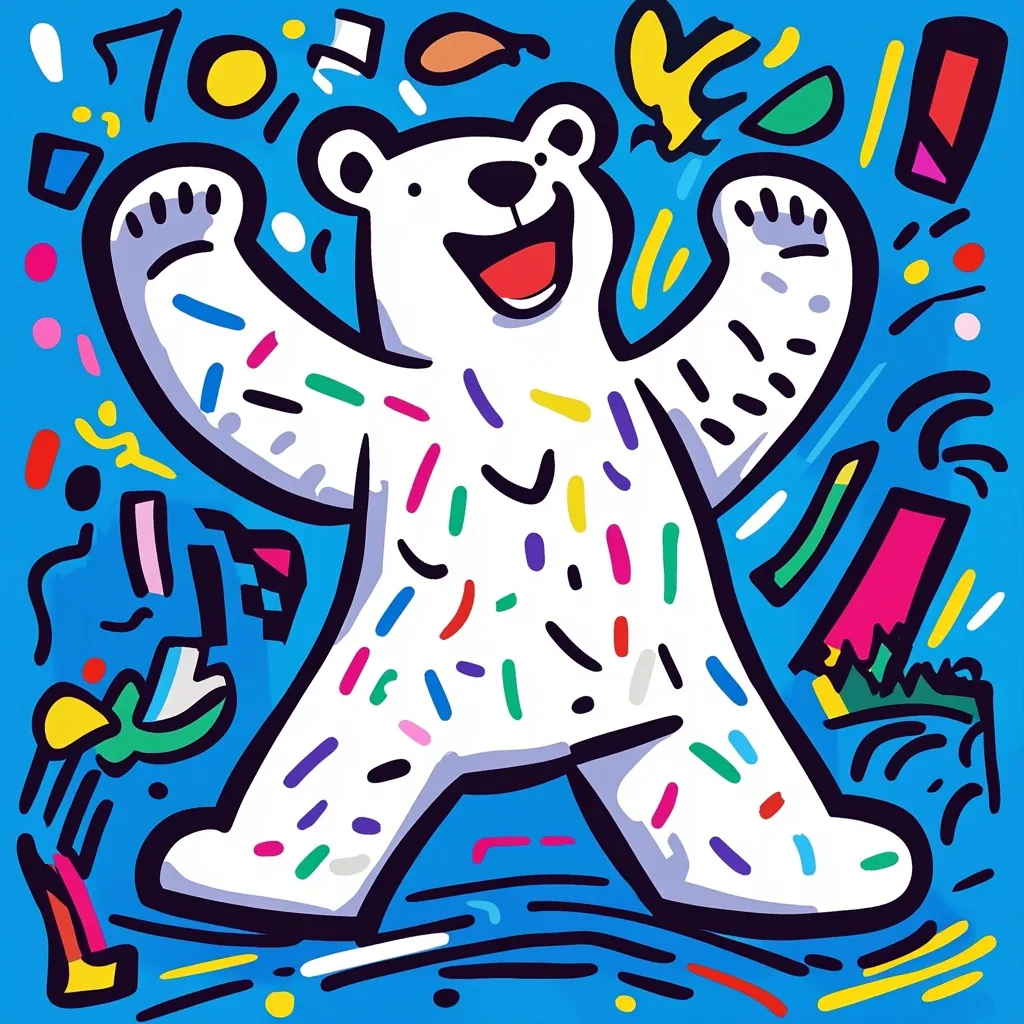 A joyful polar bear, adorned with colorful confetti-like markings, dominates a vibrant, abstract background. Its arms are raised in a celebratory gesture. The backdrop is a chaotic mix of bold lines, shapes, and colors, reminiscent of graffiti or 80s pop art. A small yellow bird is visible near the bear's head, adding to the whimsical nature of the artwork. The overall style is playful and energetic.