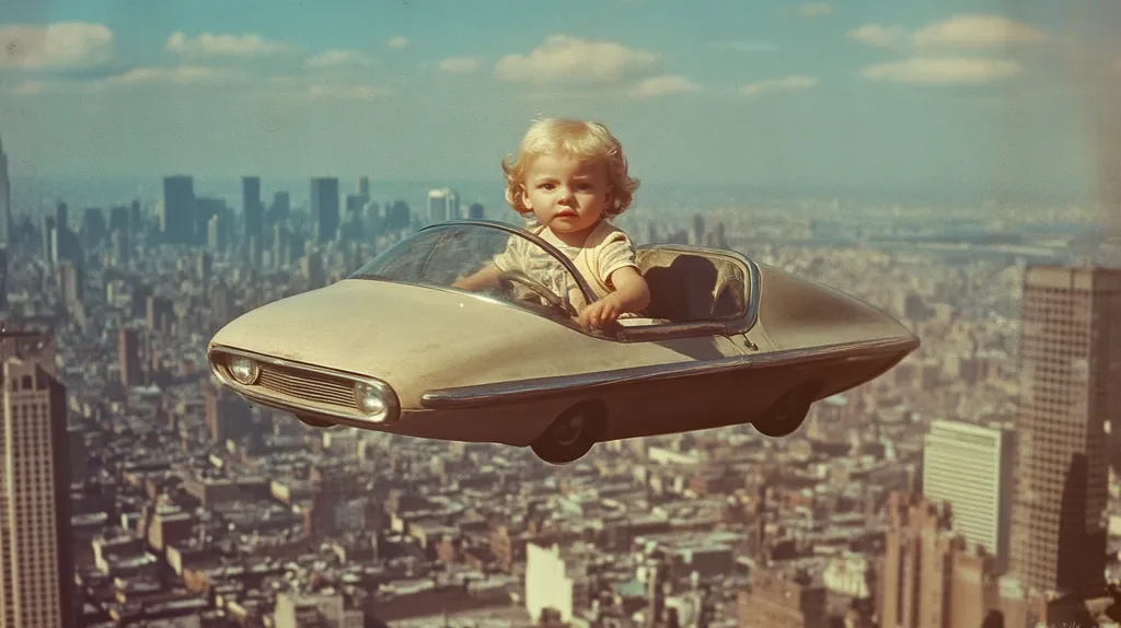 A whimsical image depicts a blonde toddler gleefully piloting a futuristic, light beige flying car above a sprawling cityscape. The car is sleek and low to the ground, seemingly hovering effortlessly over the buildings. The city, possibly New York, stretches to the horizon, a blend of tall buildings and smaller structures, all rendered in soft, slightly muted tones suggestive of a vintage photograph. The overall aesthetic is one of playful fantasy and retro futurism.