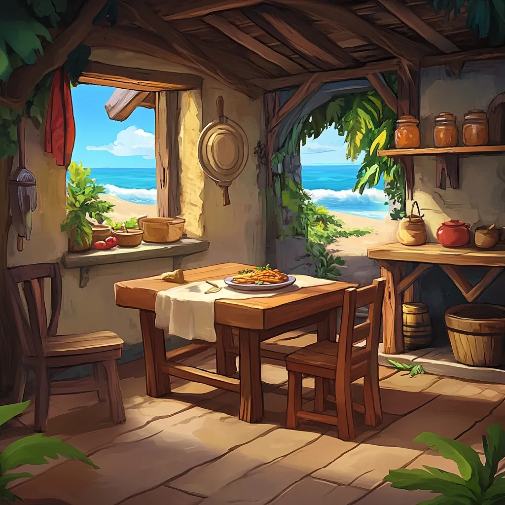Sunlight streams into a rustic beachside hut, illuminating a simple wooden table set for a meal. A plate of food rests on a tablecloth, while two chairs sit invitingly.  A window offers a stunning view of a sunny beach and ocean.  Wooden shelves hold pots, pans, and jars, suggesting a well-used kitchen.  The overall feel is one of peaceful seclusion and simple coastal living.  Tropical plants and a weathered wooden structure complete the scene.