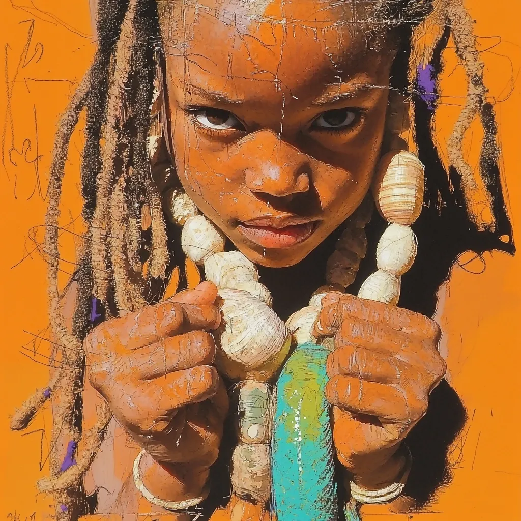 Close-up portrait of a young Black girl with long, light brown dreadlocks.  Her expression is intense and serious, her gaze directly at the viewer. She wears a necklace of large, light-colored shells and holds a turquoise-green object, possibly a rope or piece of fabric. The background is a vibrant orange, and the style is painterly, with visible brushstrokes and texture, giving it a slightly abstract feel. The overall impression is one of strength and quiet determination.