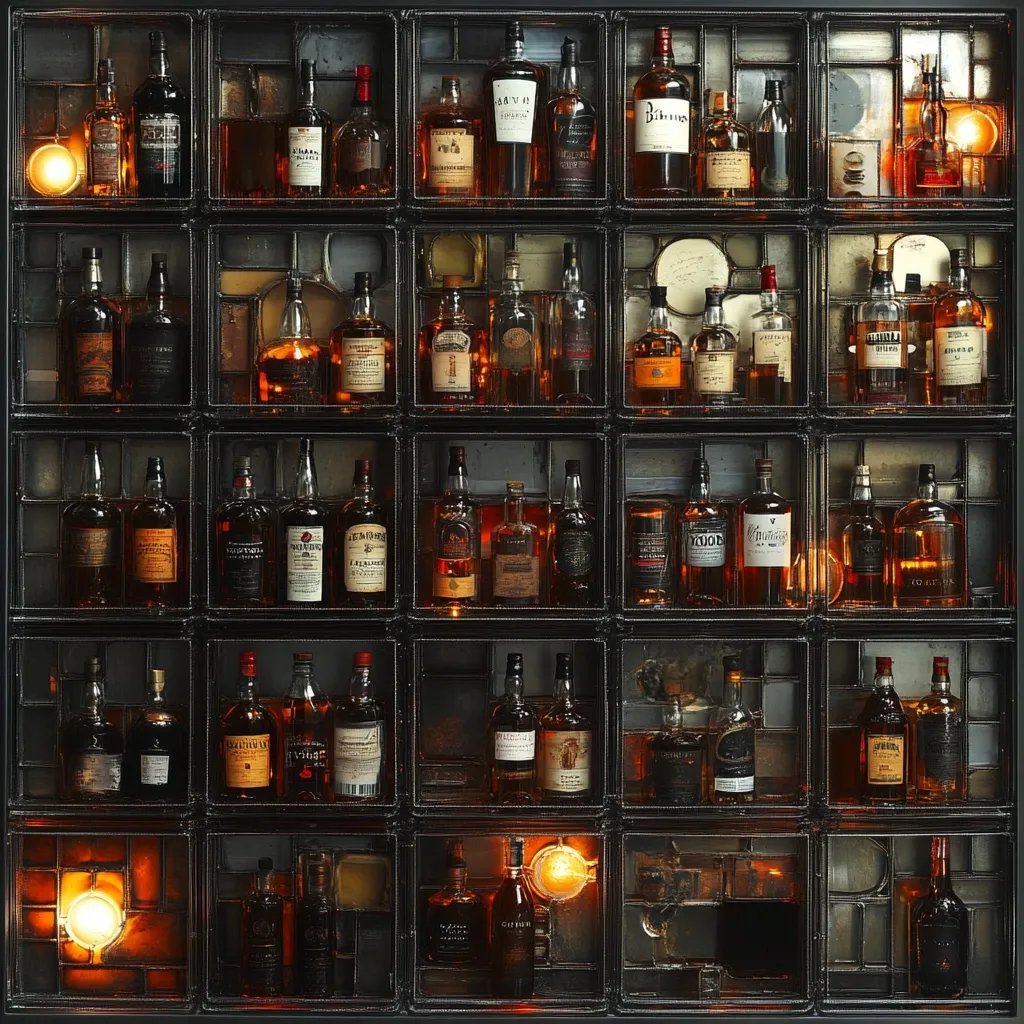 Here's a description of the image:

A meticulously organized display of amber-colored liquor bottles fills a dark, gridded cabinet.  Each square compartment holds several bottles, varying in size and label, suggesting a diverse collection of whiskies or bourbons.  The cabinet's dark metal frame contrasts sharply with the warm glow emanating from the bottles and two small, incandescent light bulbs positioned near the bottom.  The overall aesthetic is one of sophisticated, dimly lit ambiance, suggesting a high-end bar or private collection. The glass panes in the cabinet are aged and textured, adding to the antique feel.